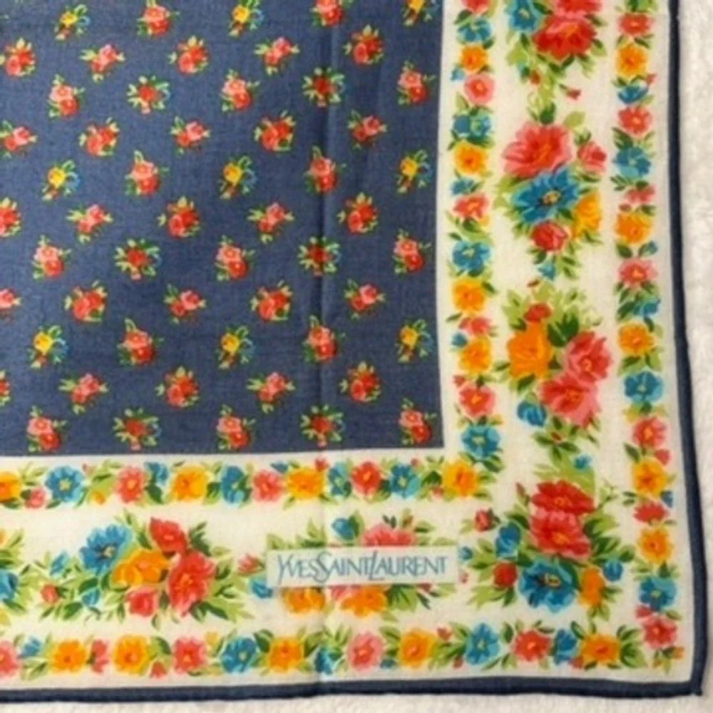 Vtg YVES SAINT LAURENT Scarf Handkerchief Floral Blue White 18